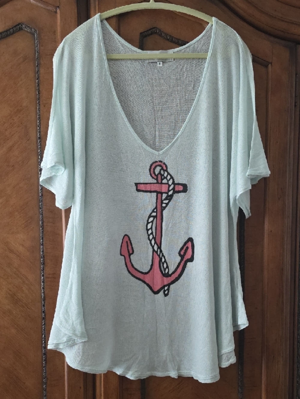 Wildfox Mint V-Neck Tee with Pink Anchor Graphic
